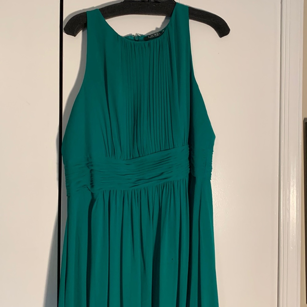 Ralph Lauren Emerald green pleated front formal gown